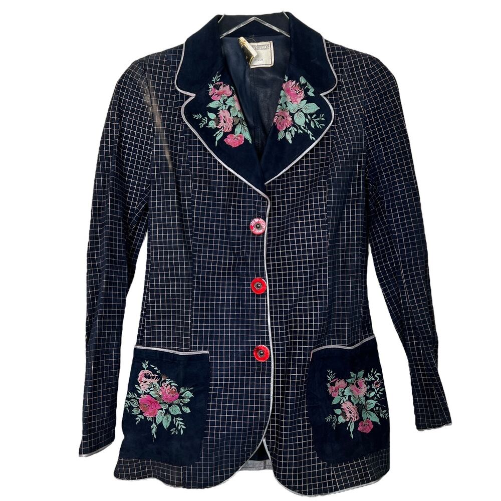 Vintage 80s Alan Austin Suede Leather Blazer Jacket Floral Plaid FLAW Blue Small